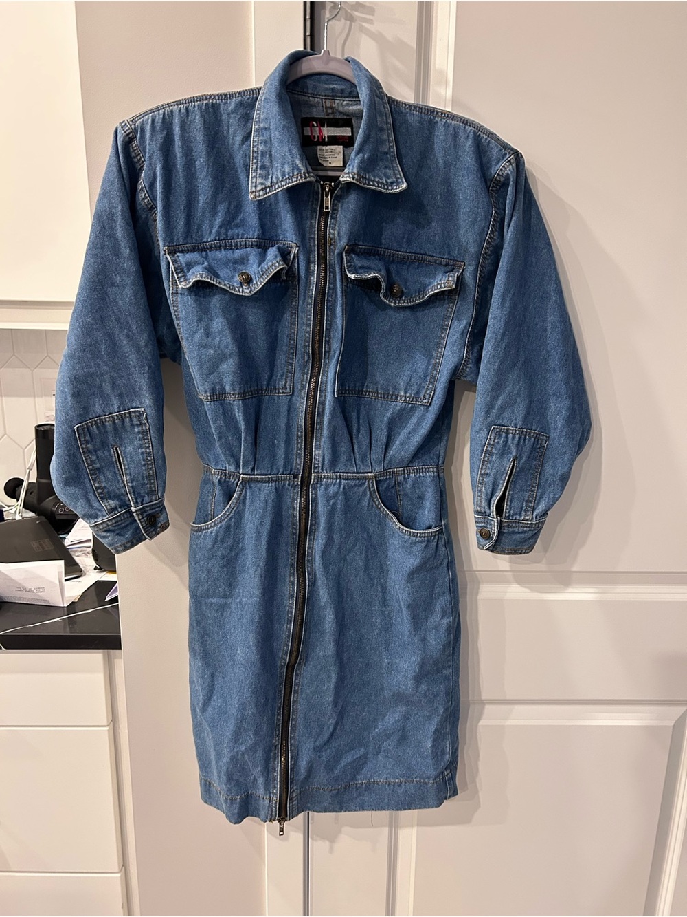 Vintage Gerard Martin Denim Blue Zip Front Jacket Dress Long Sleeve Western Chic